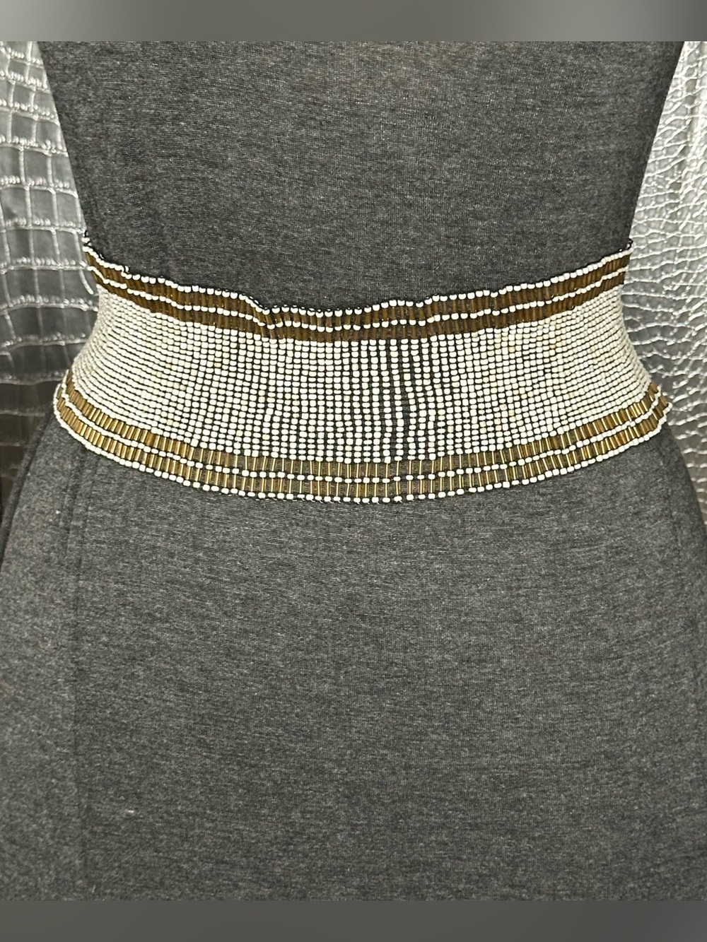 Beaded Waist Belt in White and Gold